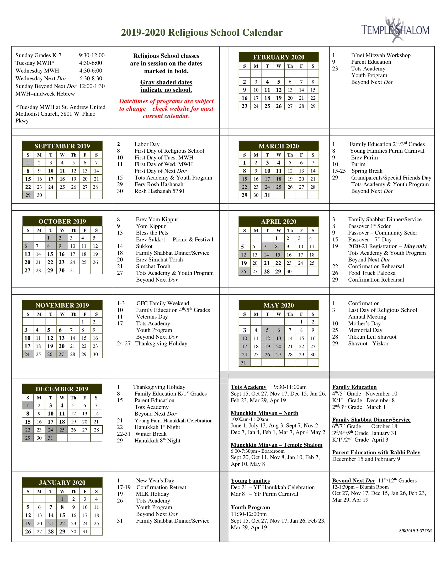 Religious School Calendar · Temple Shalom Dallas